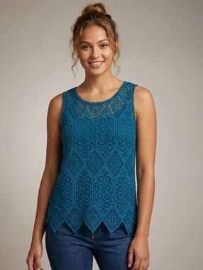Simply Styled Pullover Sleeveless Green Crochet Women's Top Size L